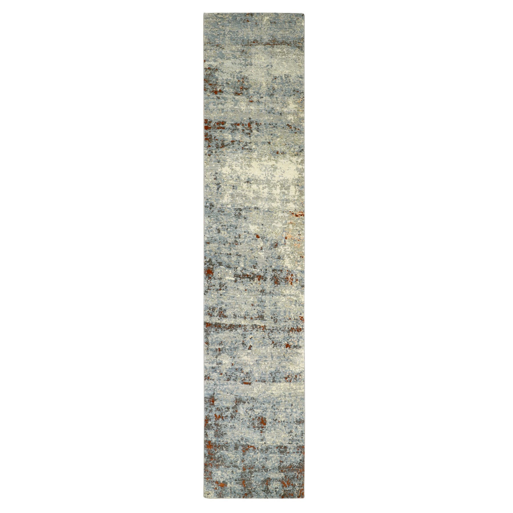 Beige with Mineral Blue, Densely Woven, Abstract with Galaxy Design, Persian Knot, Pure Wool, Hand Knotted, Runner, Oriental Rug